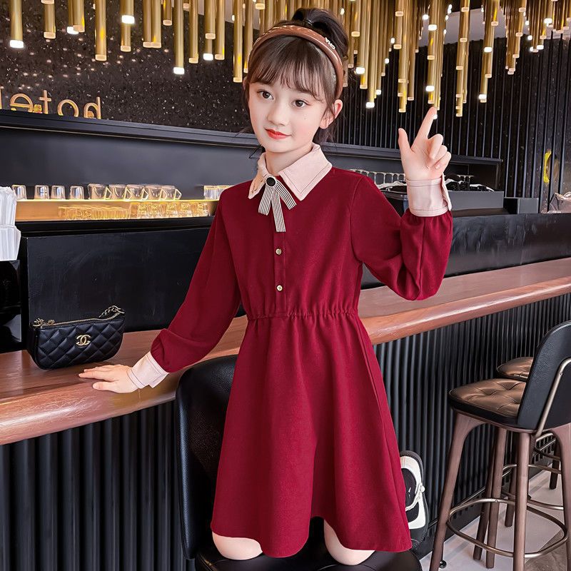 Girls' Autumn Dress Elegant Lady Style Spliced ​​Color Loose Version