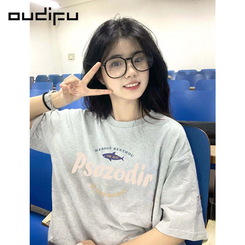 OUDIFU100%纯棉短袖t恤女夏季新款宽松高级感美式复古小众上衣ins