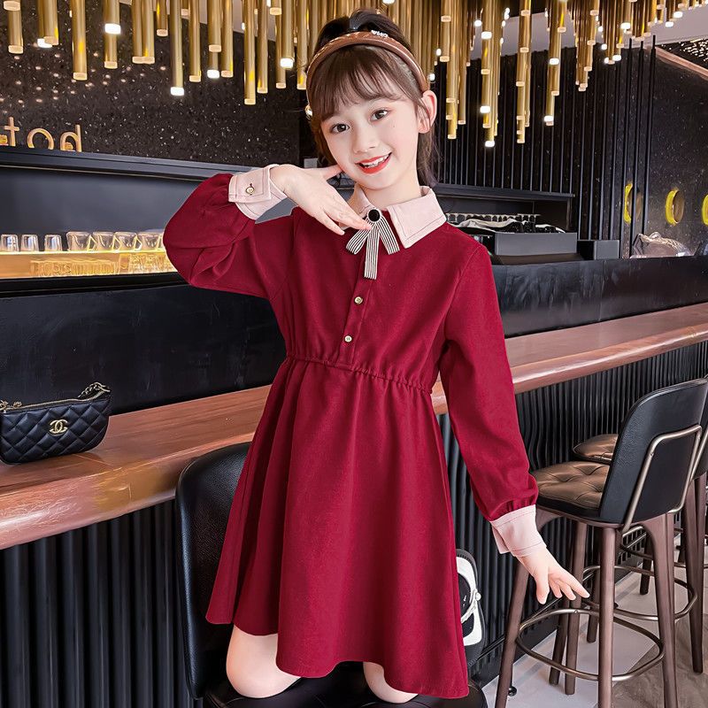 Girls' Autumn Dress Elegant Lady Style Spliced ​​Color Loose Version