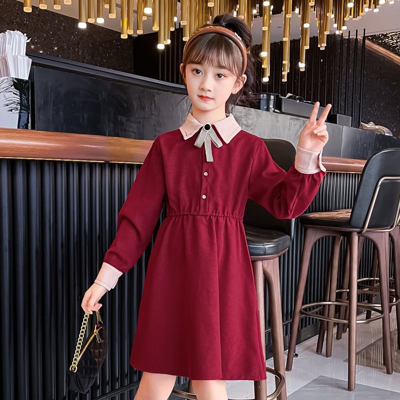 Girls' Autumn Dress Elegant Lady Style Spliced ​​Color Loose Version