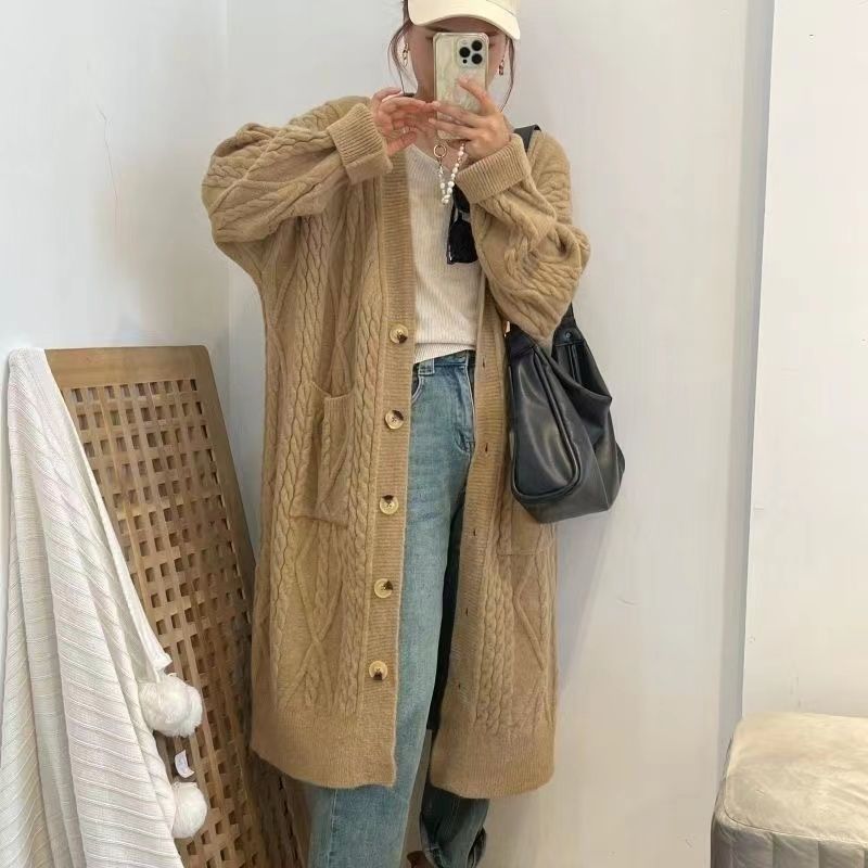 慵懶風復古毛衣外套女秋冬2023新款設計感寬鬆中長款加厚針織開衫