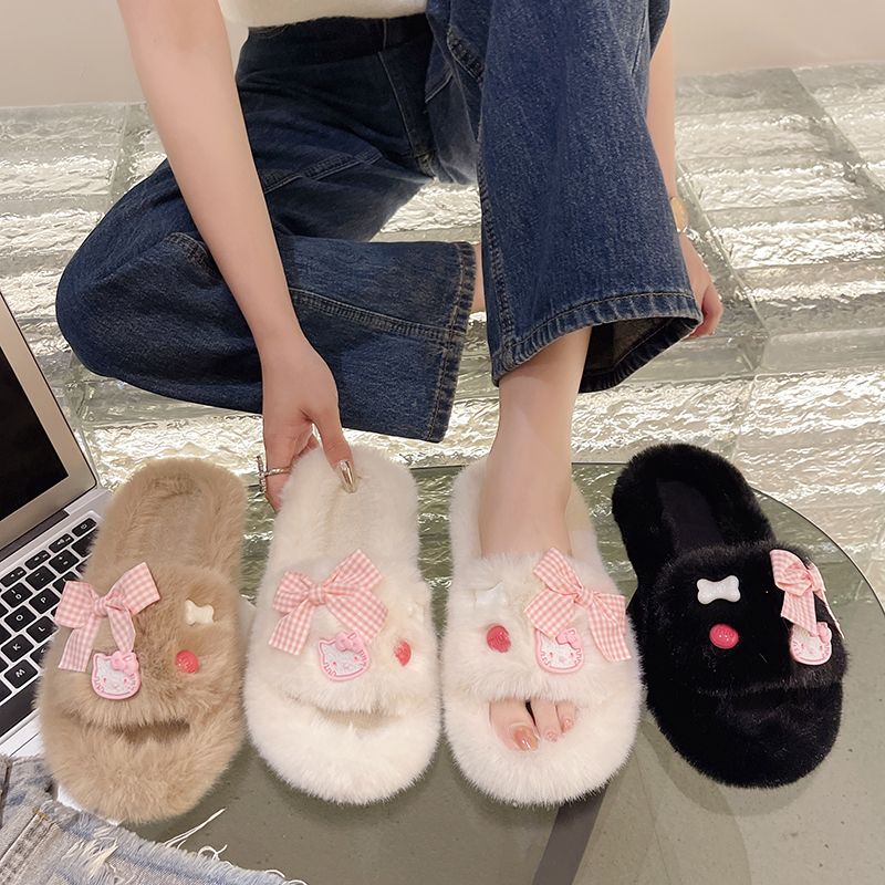 Thick-soled cotton slippers for women for autumn and winter outer wear  new internet celebrity office bow-knot toe fur slippers for women