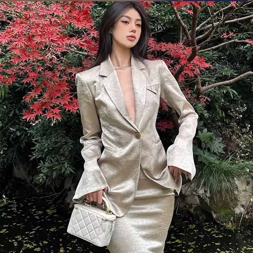 女神范輕奢套裝高級感2023秋季息款收腰顯瘦西裝外套質半身長裙