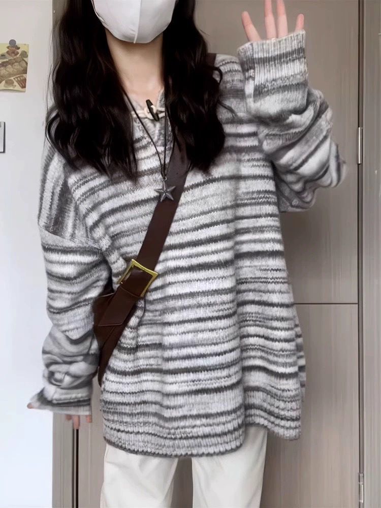 慵懶風小個子寬鬆連帽毛衣外套女2023秋季新款氣質百搭條紋針織衫