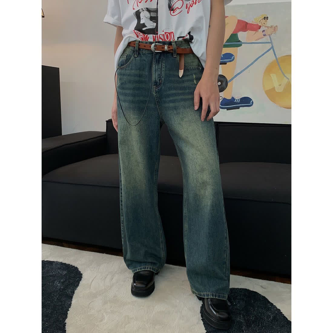 19studio WAYNEPRINCE復古洗水中高腰牛仔褲男夏季韓版寬鬆直筒褲