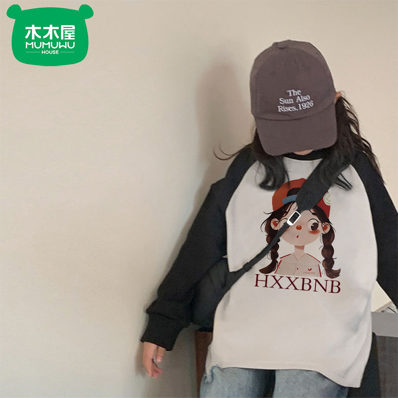  女童兒童百搭春秋小狗印花寬鬆插肩長袖T恤中大童圓領上衣