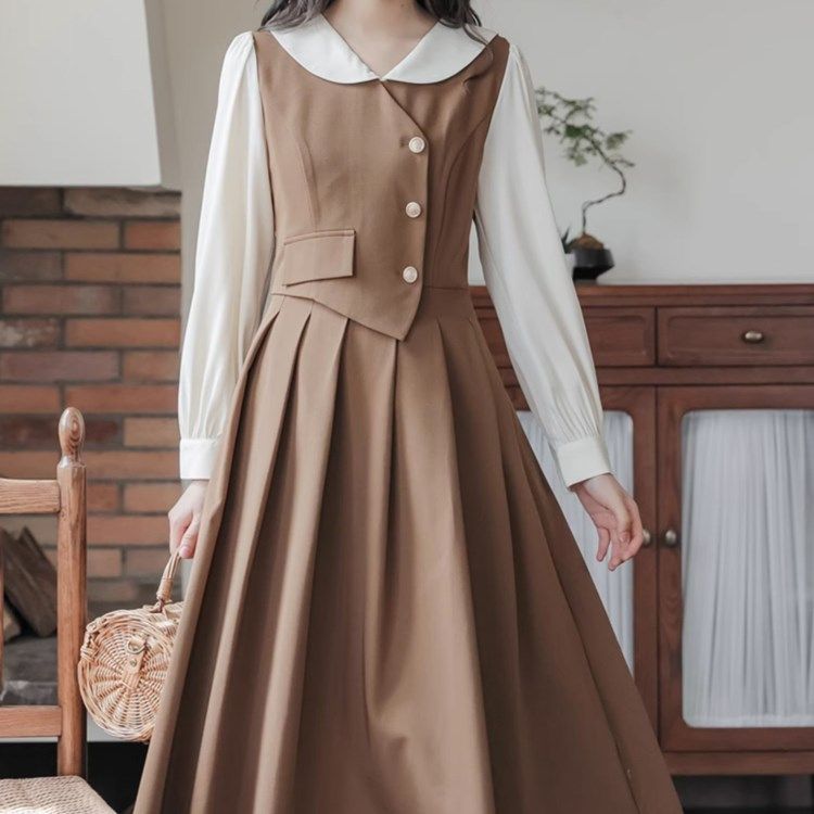 Autumn and winter plus size women's clothing contrasting color stitching doll collar Maillard slightly fat outfit autumn slimming fake two-piece temperament skirt