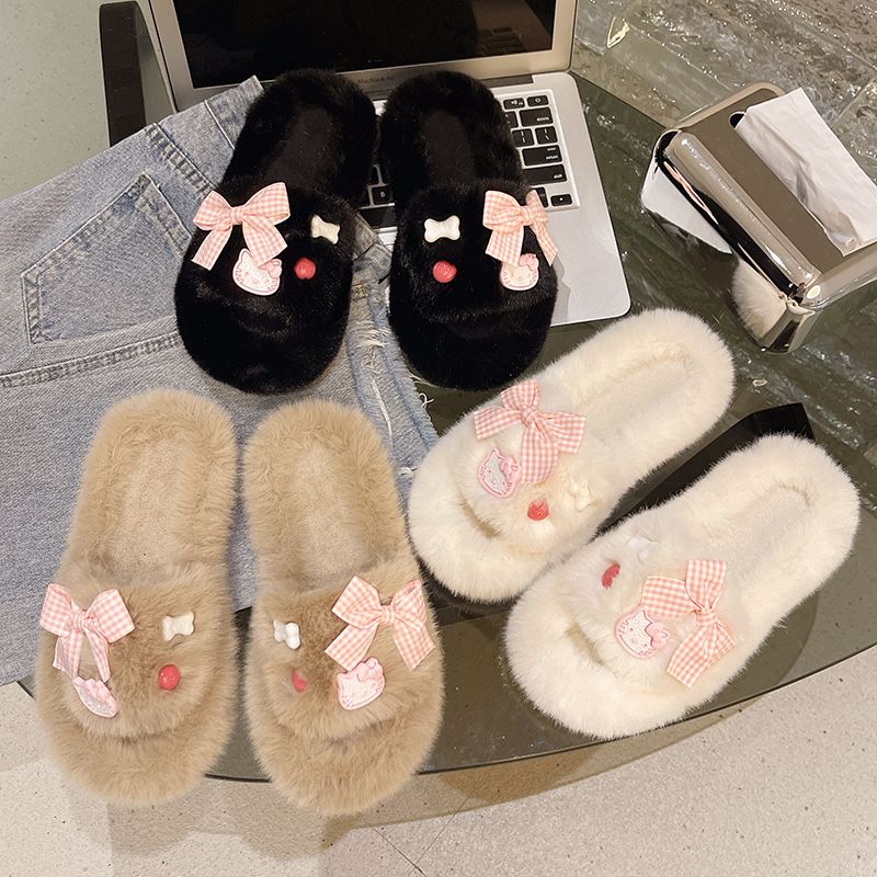 Thick-soled cotton slippers for women for autumn and winter outer wear  new internet celebrity office bow-knot toe fur slippers for women