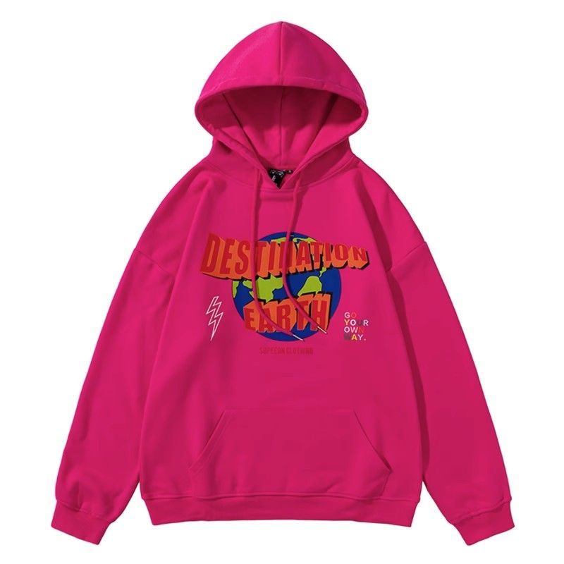 American retro dopamine letter print hooded rose red sweatshirt for women autumn and winter new heavy cotton jacket trendy