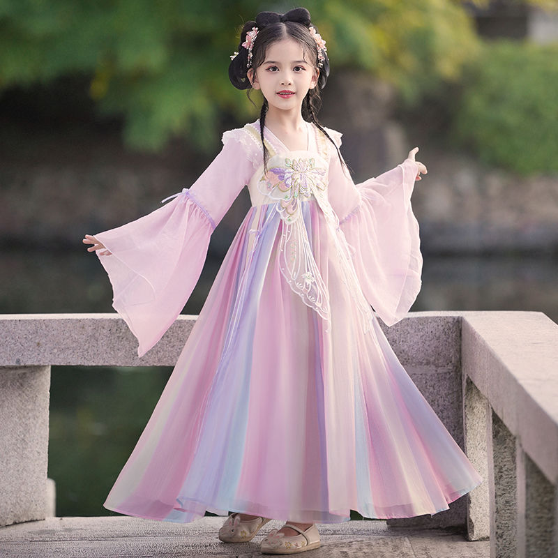 中秋節兒童秋裝連衣裙2023新款古風裙子女童超仙古裝漢服唐裝襦裙