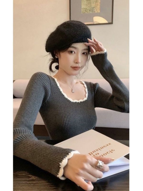 法式灰色方领针织打底衫内搭毛衣女秋冬高级感修身上衣小众设计感