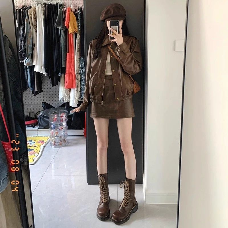 Korean style retro brown PU leather jacket for women Hong Kong style leather jacket autumn and winter high-end temperament casual versatile top