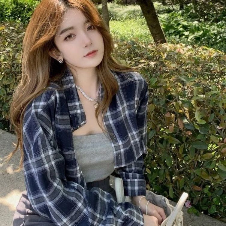 秋季格子襯衫女長袖外穿寬鬆襯衣外套辣妹ins短款上衣純欲風甜辣
