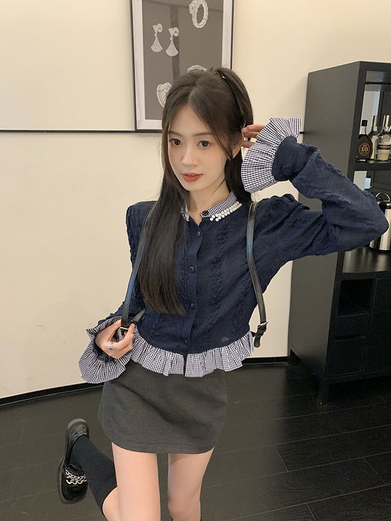 2023早秋辣妹風拼接長袖針織衫女秋季小眾設計感修身顯瘦短款上衣