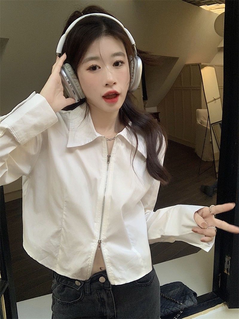 秋季美式長袖白色襯衫女寬鬆外穿甜辣短款拉鏈襯衣上衣女洋氣外套