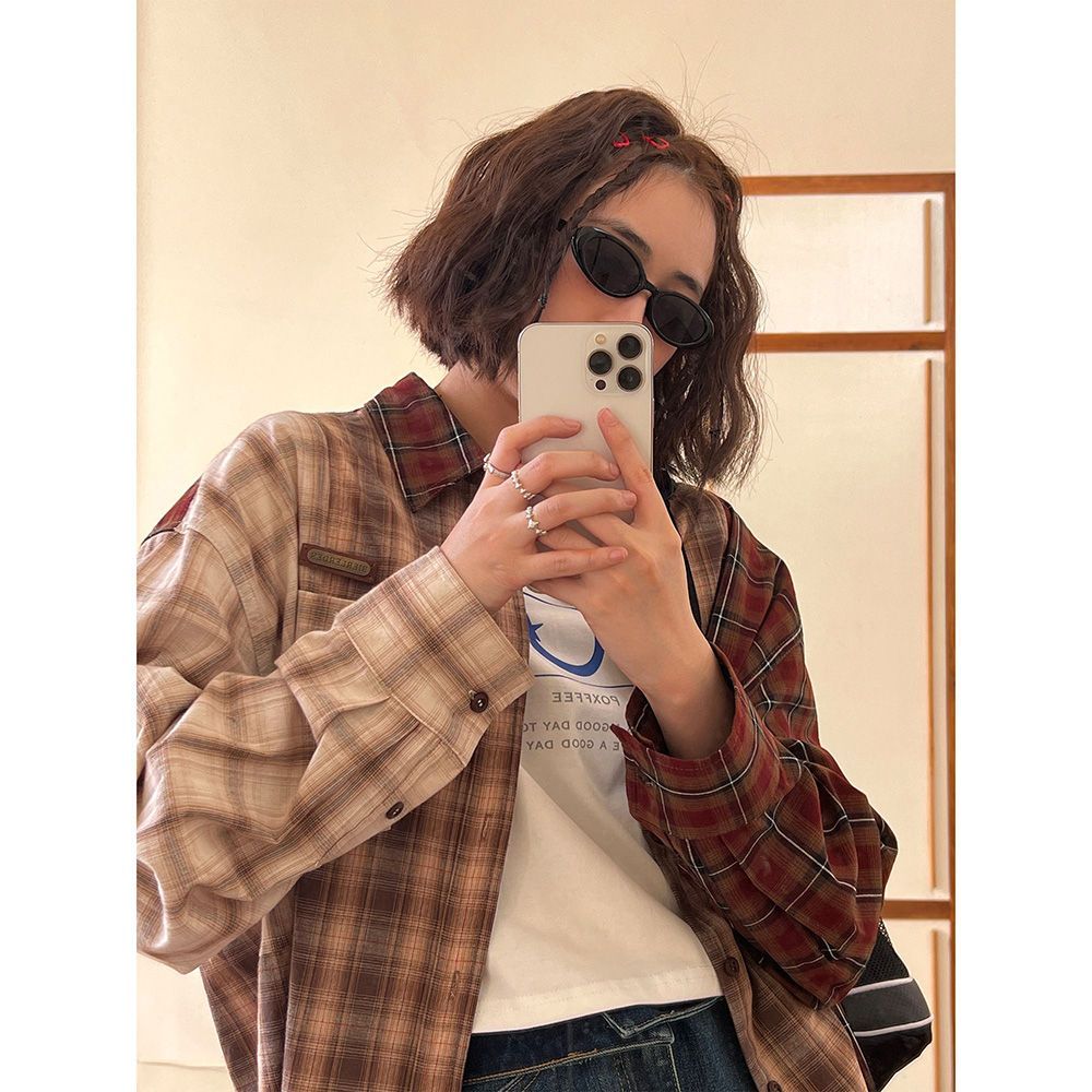 Maillard retro plaid long-sleeved shirt for women early autumn  new loose fashion casual sun protection top jacket