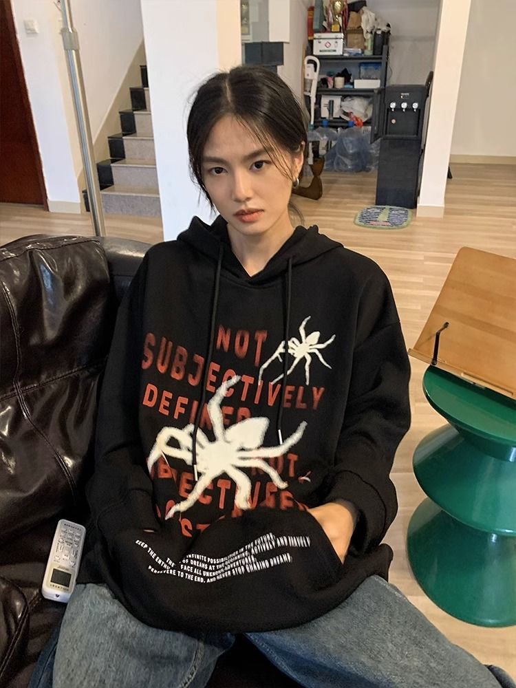 重磅純棉美式復古蜘蛛印花連帽衛衣女秋冬季新款oversize潮牌上衣