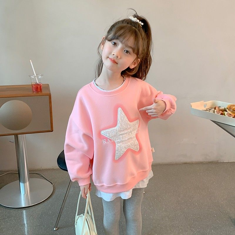 Girls Spring and Autumn Sweaters  New Fashion Versatile and Western Girls Autumn Clothes Star Fake Two-piece Outer Tops