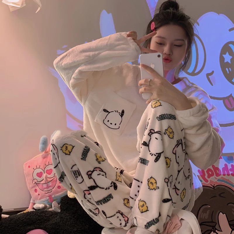 睡衣女款秋冬季珊瑚絨長袖加絨加厚法蘭絨冬天卡通開衫家居服套裝