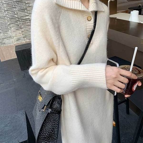 秋冬新款毛衣女加厚針織連衣裙女配大衣的寬鬆內搭百搭長款過膝女