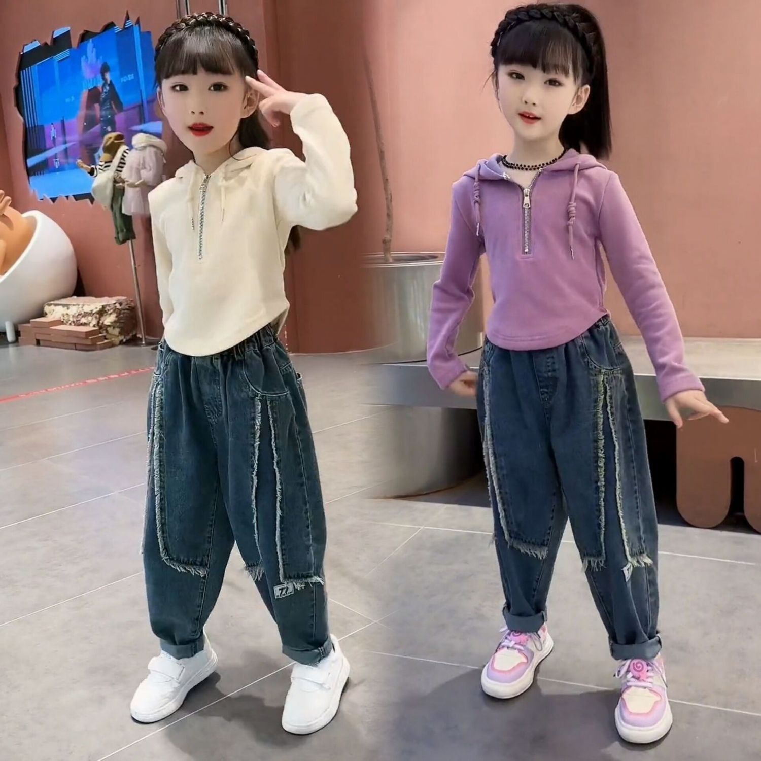 Girls 2023 Spring and Autumn Clothes Little Girls Fashionable Korean Style Short Clothes Fashionable Hooded Medium and Big Children Trendy Tops