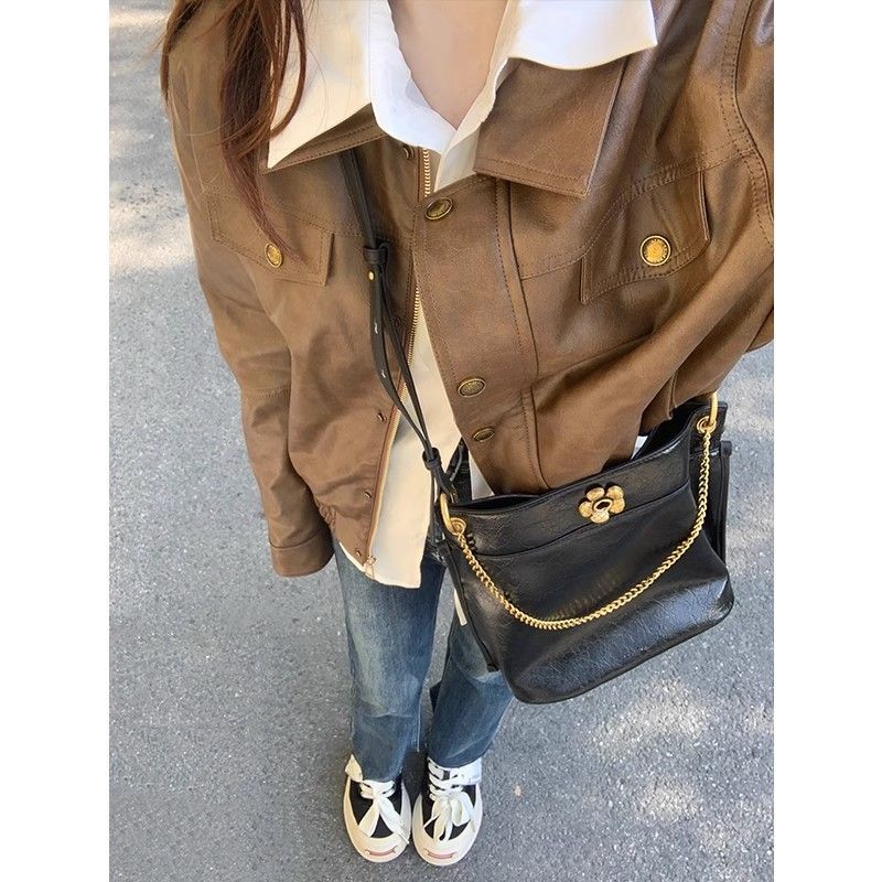 Leather jacket women's short 2023 autumn new Hong Kong style coffee color pu small American retro motorcycle jacket