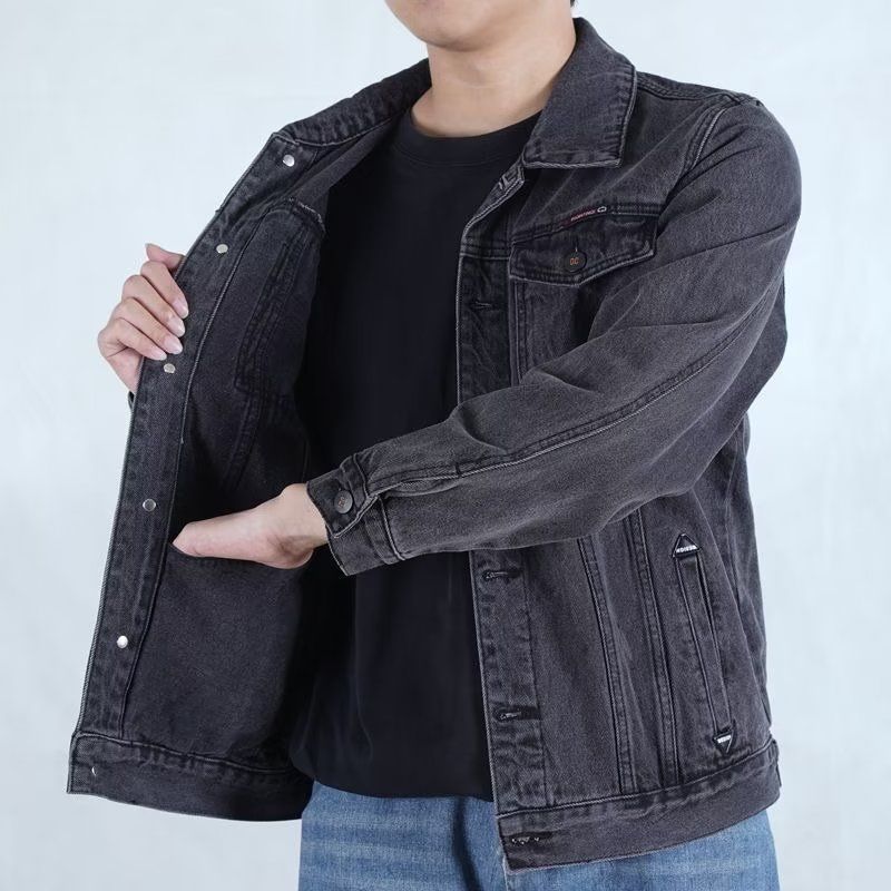 春秋新款牛仔外套男寬鬆耐磨多口袋潮牌大碼男裝工裝夾克牛仔衣