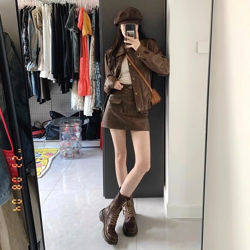 Korean style retro brown PU leather jacket for women Hong Kong style leather jacket autumn and winter high-end temperament casual versatile top