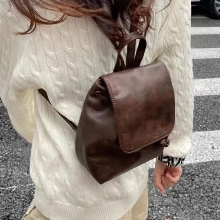 小紅書同款小巧復古棕色雙肩包女2023秋季新款簡約文藝百搭單肩包