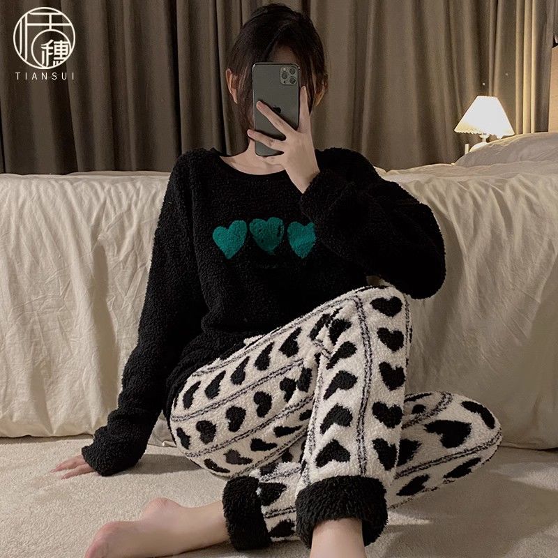 珊瑚絨睡衣女2023年新款秋冬季加厚保暖可外穿法蘭絨家居服兩件套