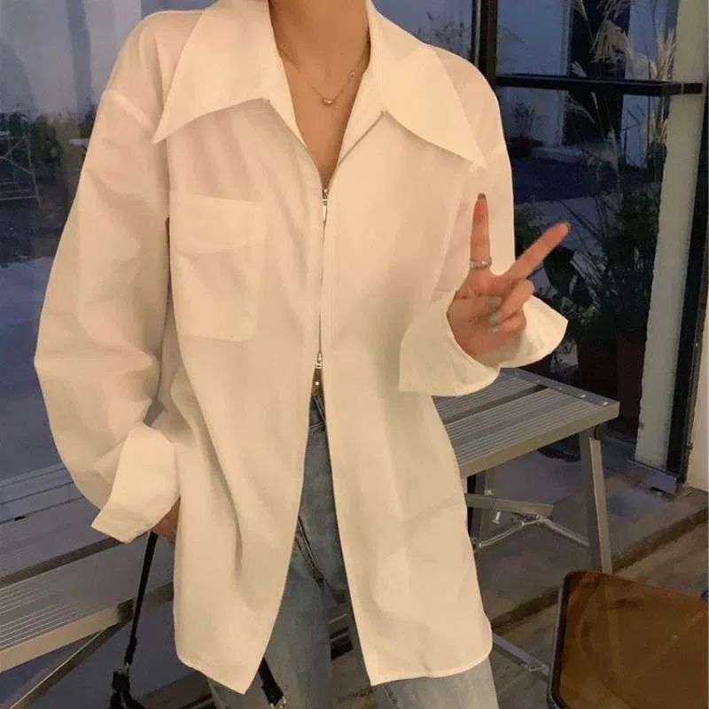 秋季美式長袖白色襯衫女寬鬆外穿時尚疊穿襯衣上衣女洋氣拉鏈外套