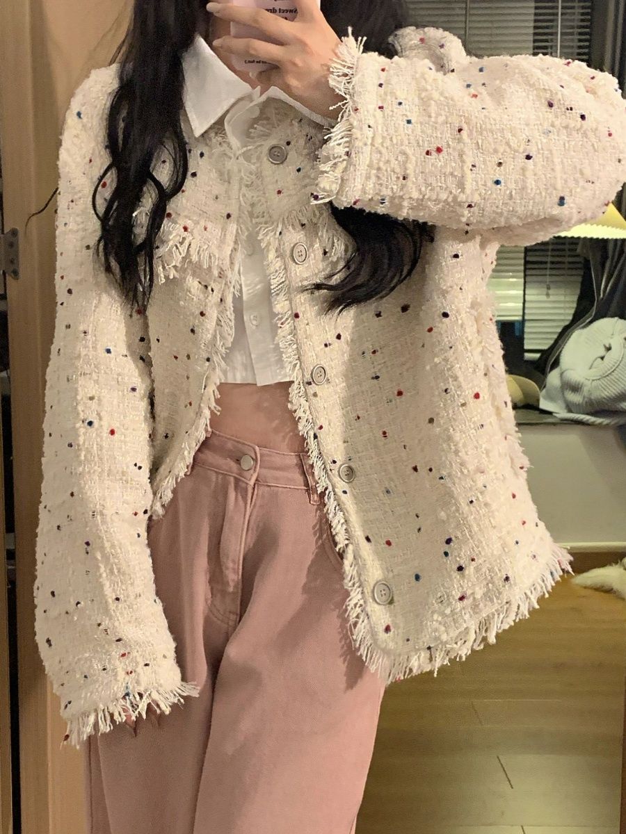 Korean style small fragrance polka dot jacket for women spring and autumn new high-end niche design retro cardigan jacket top