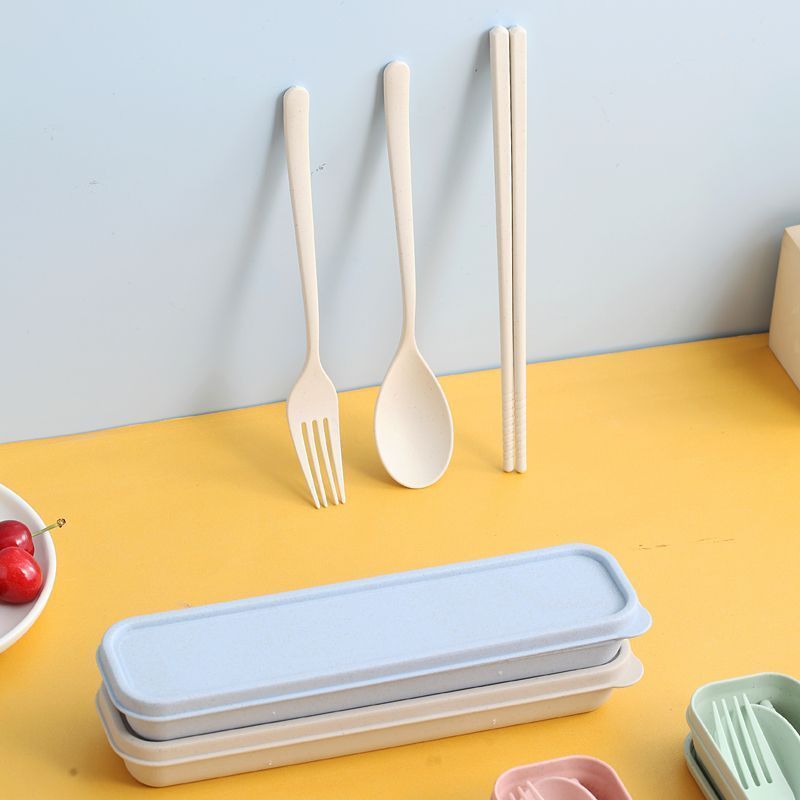 小麦秸秆餐具三件套便携式学生筷叉勺套装ins高颜值筷子叉子勺子