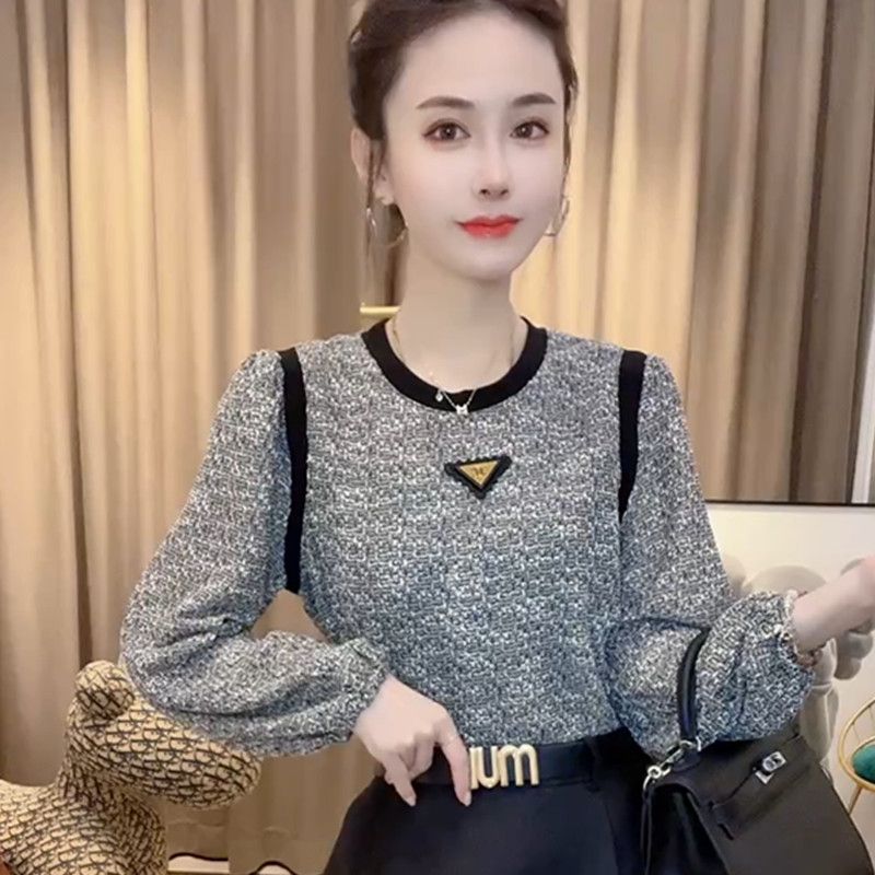時尚減齡小香風上衣女網紅爆款2023秋季新款洋氣百搭圓領長袖小衫
