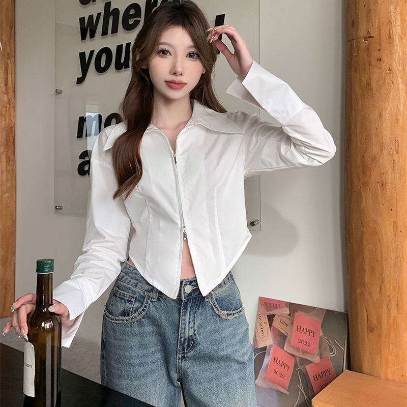 秋季美式長袖白色襯衫女寬鬆外穿百搭短款拉鏈襯衣上衣女洋氣外套