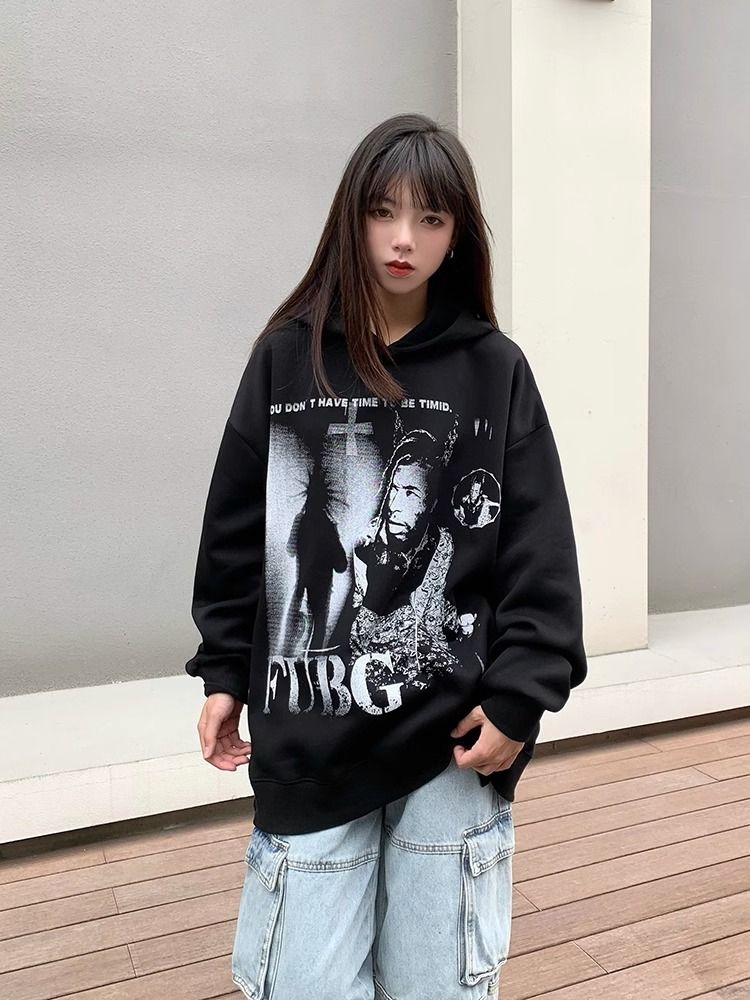 重磅純棉美式復古印花連帽衛衣女秋冬季新款oversize潮牌情侶帽衫