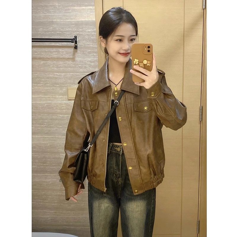 Leather jacket for women 2023 spring and autumn new style early spring loose short brown retro small man versatile leather jacket trendy