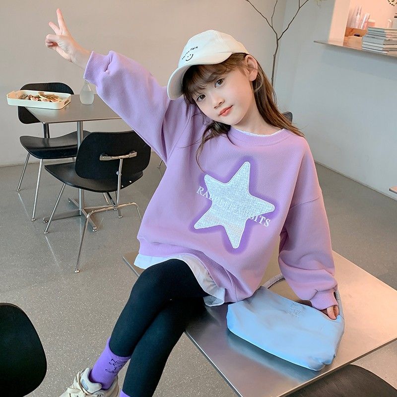 Girls Spring and Autumn Sweaters  New Fashion Versatile and Western Girls Autumn Clothes Star Fake Two-piece Outer Tops