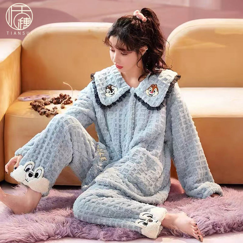 睡衣女秋冬季加絨加厚新款華夫格珊瑚絨可愛外穿法蘭絨家居服套裝
