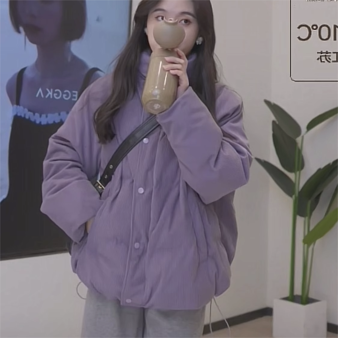 冬季救星紫色棉服女秋加厚燈芯絨棉衣外套麵包服立領棉襖