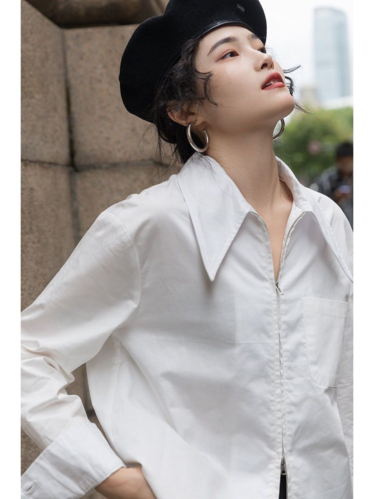 YIYI法式高級感大翻領拉鏈白色襯衫女春秋季小眾輕奢寬鬆慵懶襯衣