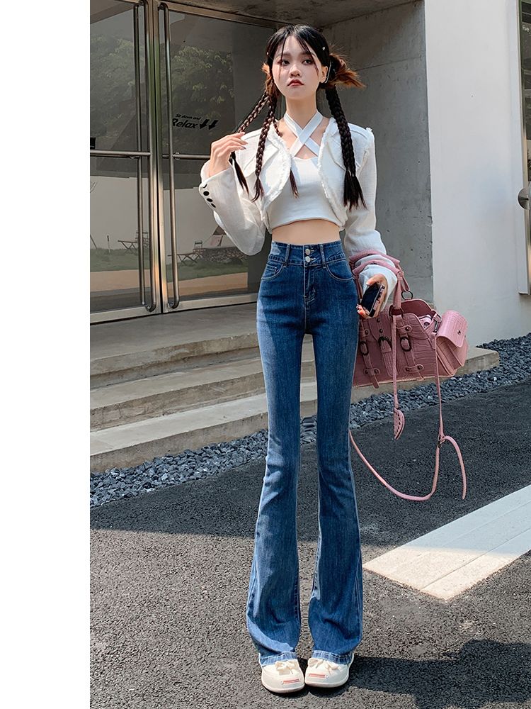 高街復古藍牛仔褲女春秋季高腰修身顯瘦小個子大碼微喇叭ins潮