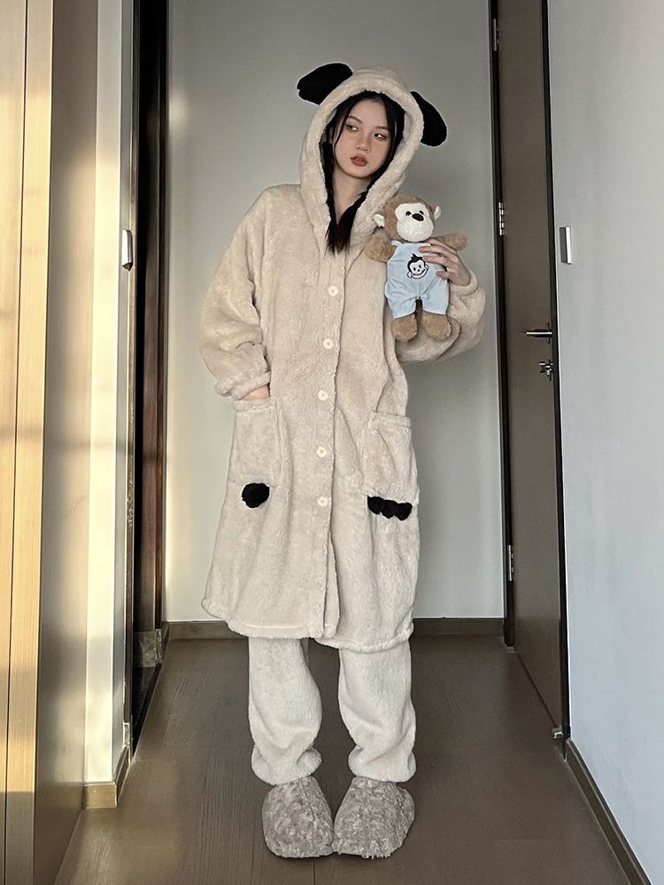 珊瑚絨可愛小熊連帽睡衣女秋冬季2023年新款甜美風少女家居服套裝