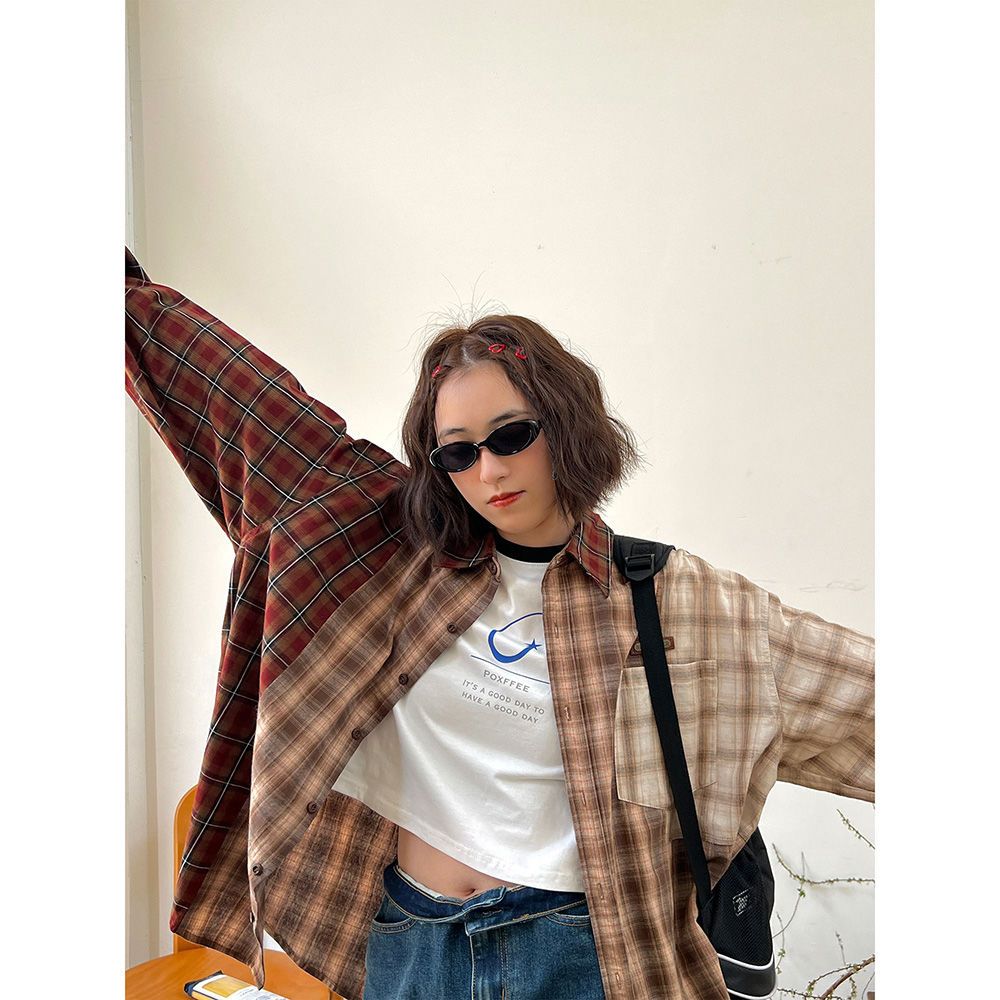 Maillard retro plaid long-sleeved shirt for women early autumn  new loose fashion casual sun protection top jacket