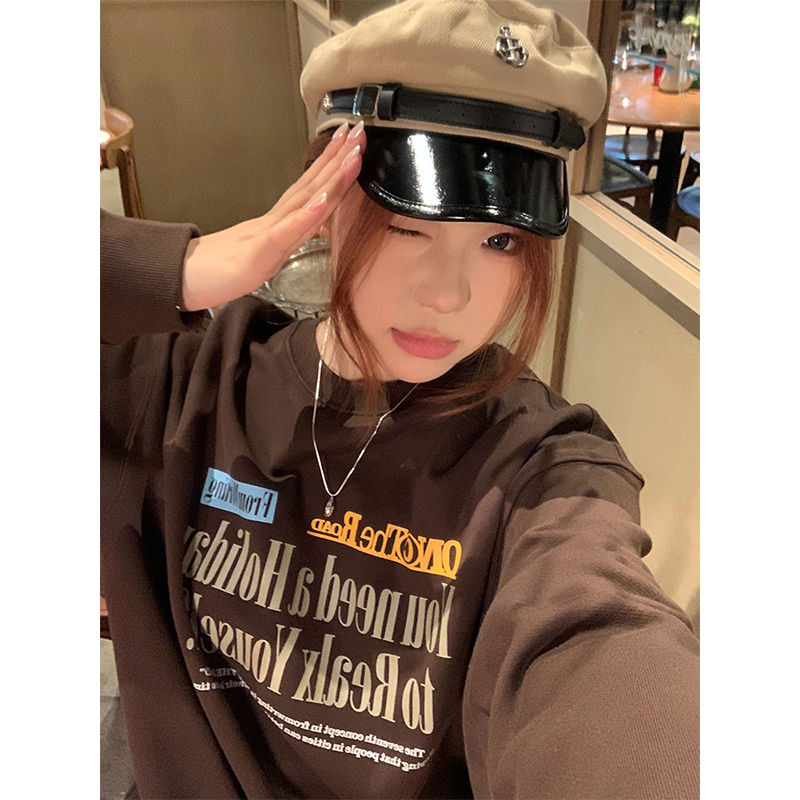 美式hiphop衛衣女2023秋季新款街頭字母印花寬鬆長袖圓領咖色上衣