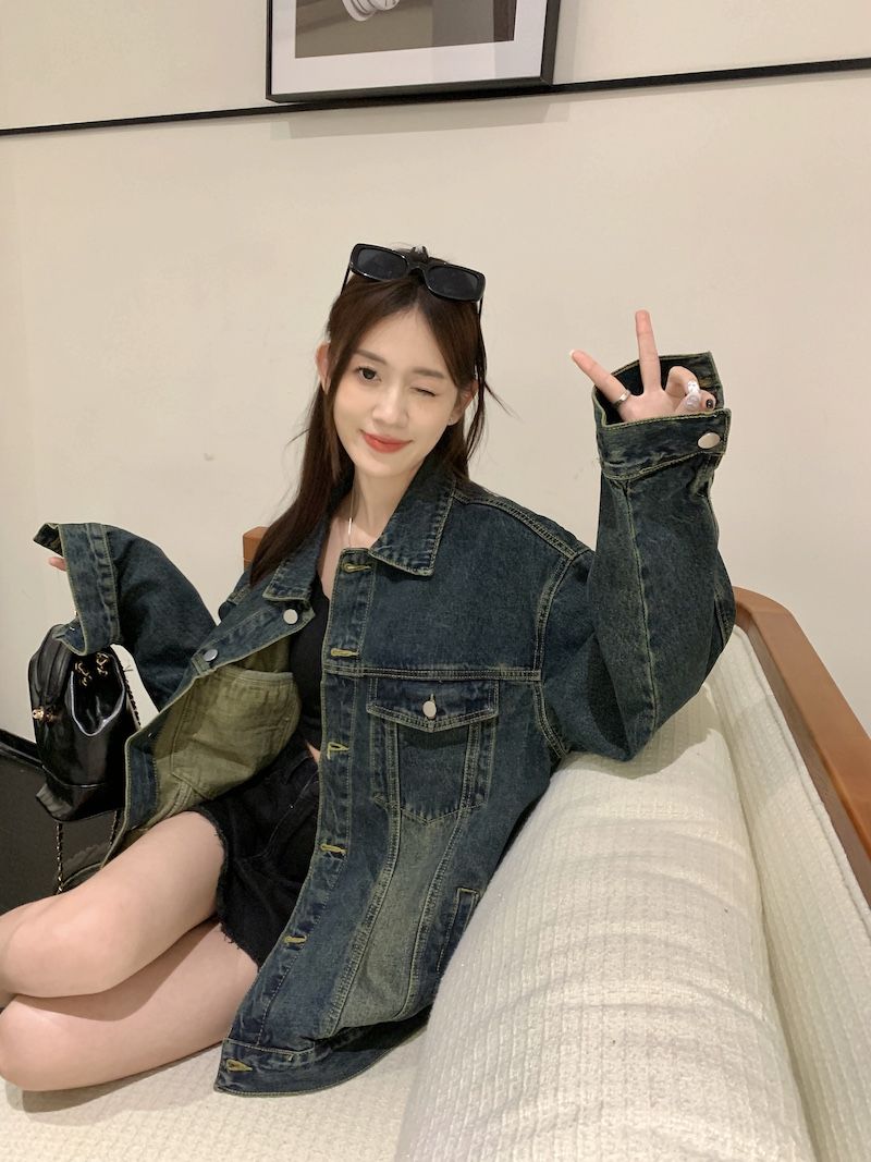 美式復古藍色牛仔外套女裝秋季2023新款設計感寬鬆中長款百搭上衣