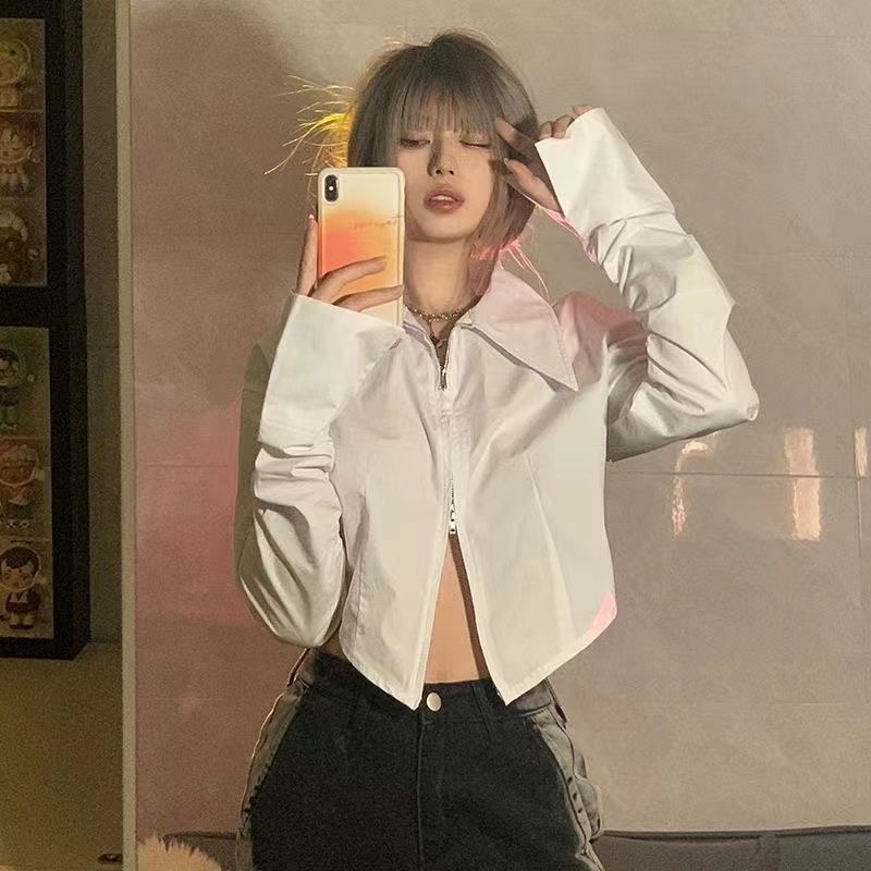 秋季美式長袖白色襯衫女寬鬆外穿百搭短款拉鏈襯衣上衣女洋氣外套