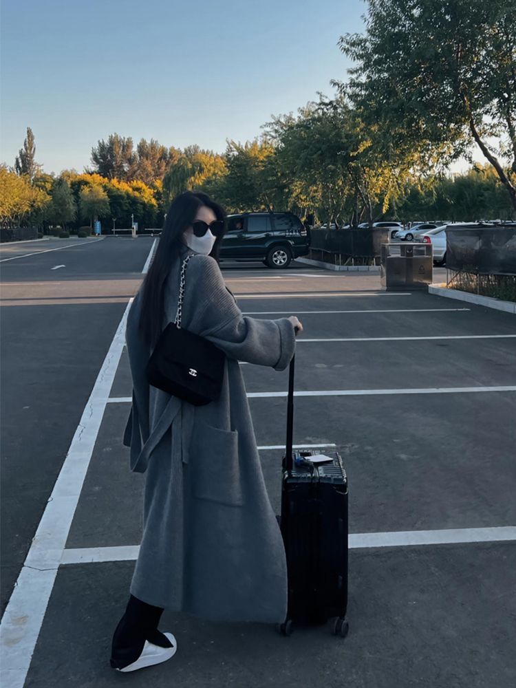 PROMONE長款毛衣外套女加厚高級感寬鬆慵懶針織開衫顯瘦大衣外穿