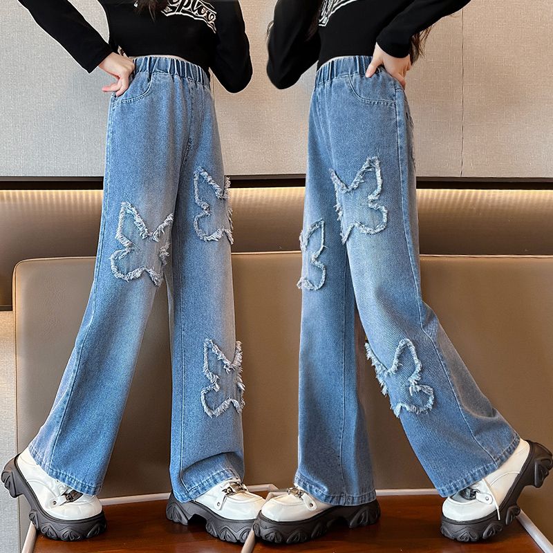 女童牛仔褲洋氣闊腿褲2023新款中大童女孩顯瘦百搭春秋款直筒褲子