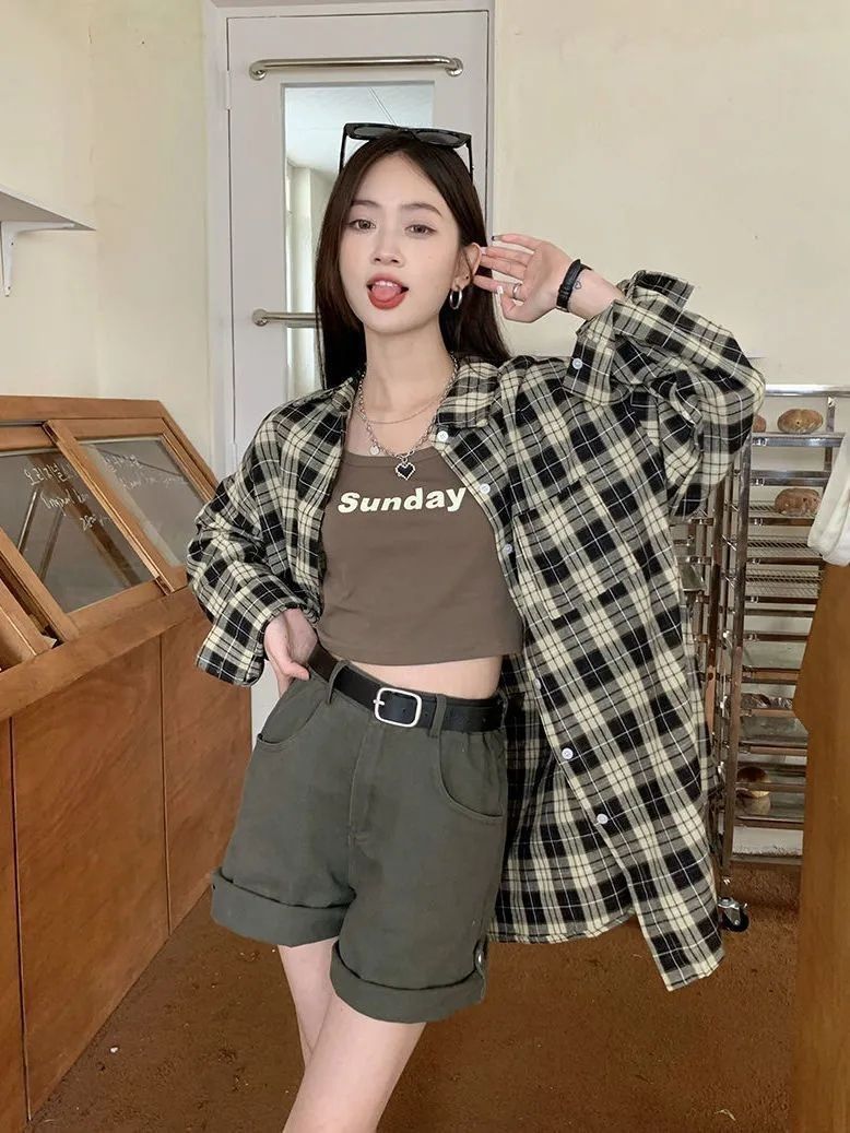 秋季女裝港風格子襯衫女長袖早秋外套氣質寬鬆休閒襯衣上衣女洋氣